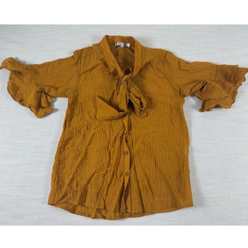 Joy Joy Mustard Yellow Tie Neck Ruffle Sleeve Button Down Blouse Small